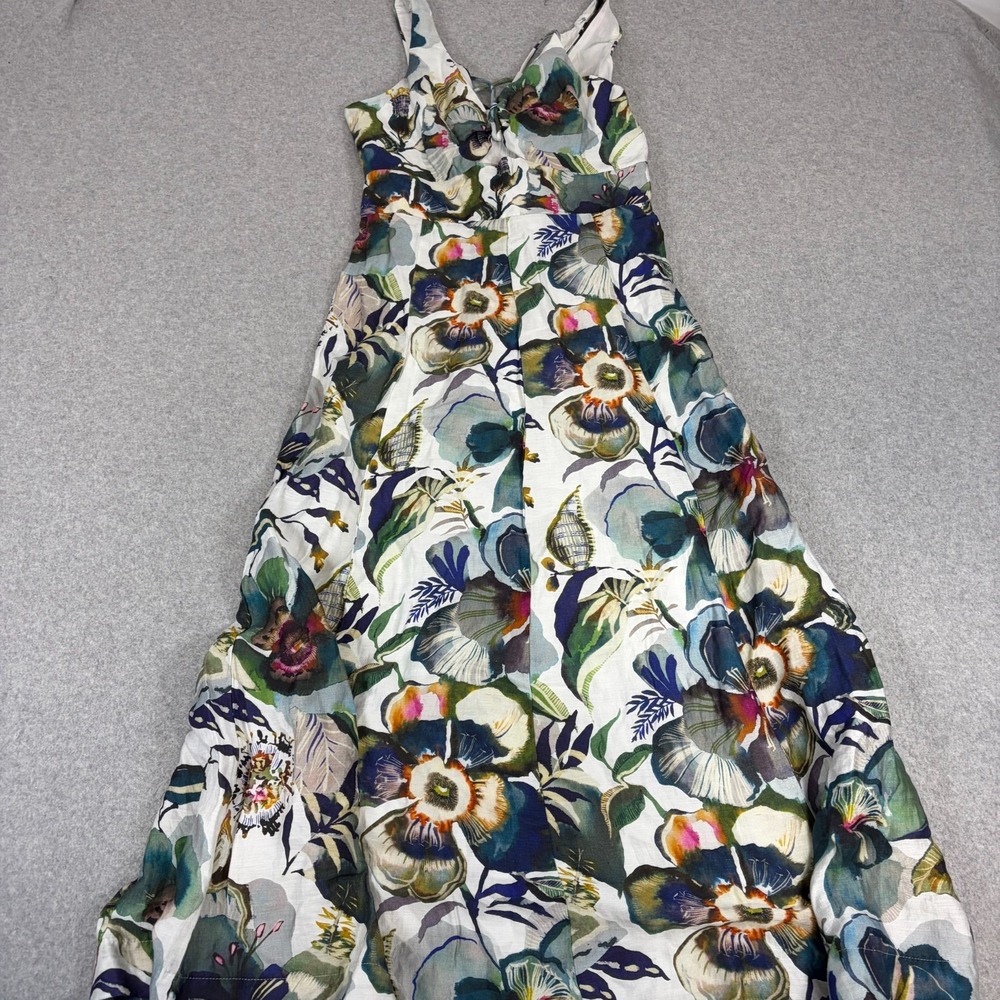 Banana Republic Linen Midi Dress Womens 0 Floral Cutout Tie Front